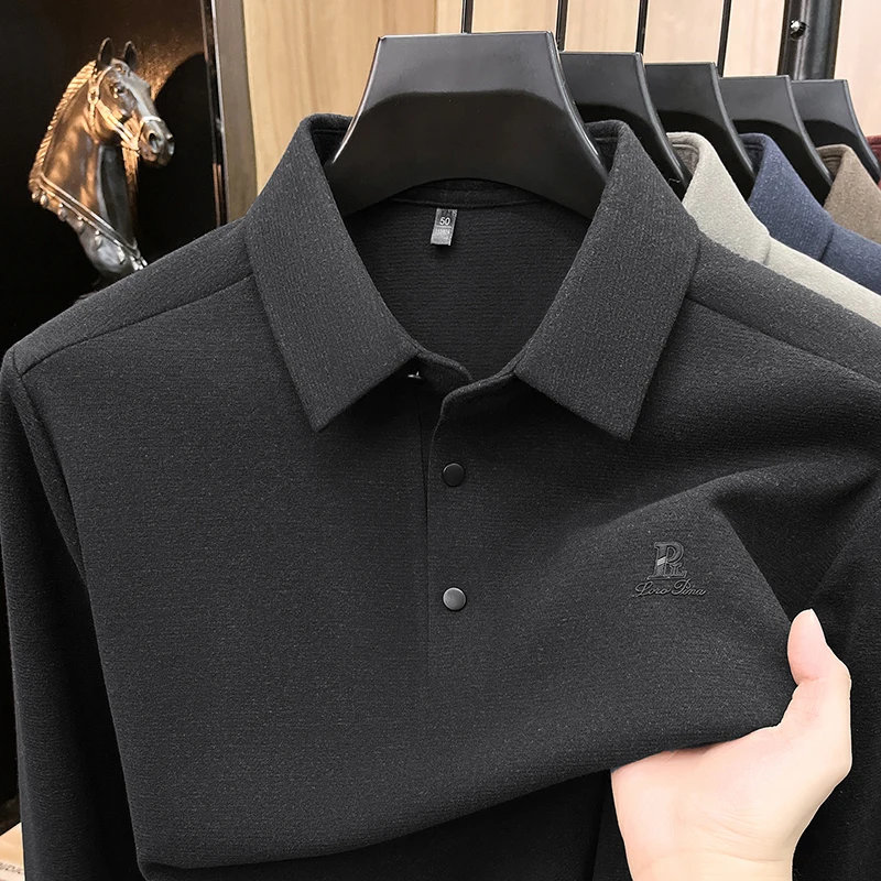 High End Luxury Long Sleeved Polo Shirt for Men's Business and Leisure, with A Collar and Long Sleeved Base, Men's Top view 3