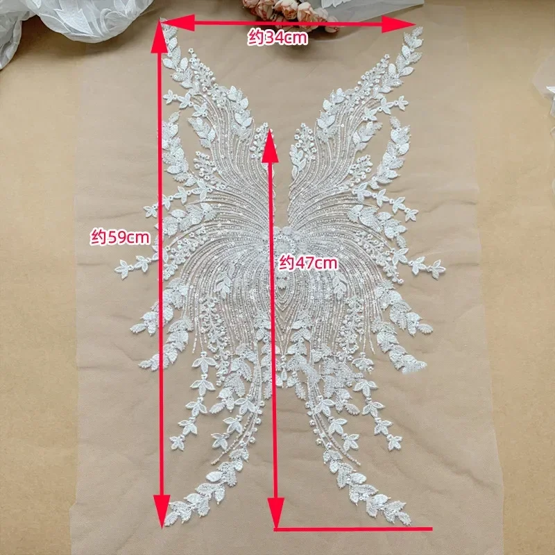 Bridal Lace Fabric with Beaded Sequins, Advanced Customization, Wedding Dress, AB Set, Front Chest, Back Flower, RS4174, New