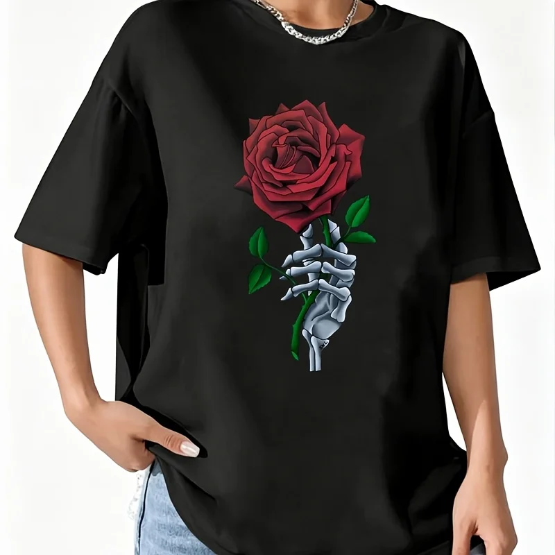 Skeleton Hand Red Rose Flower Women's 100% Cotton T-Shirt Fun Print Short Sleeve Top Casual Round Neck Tee S-5Xl