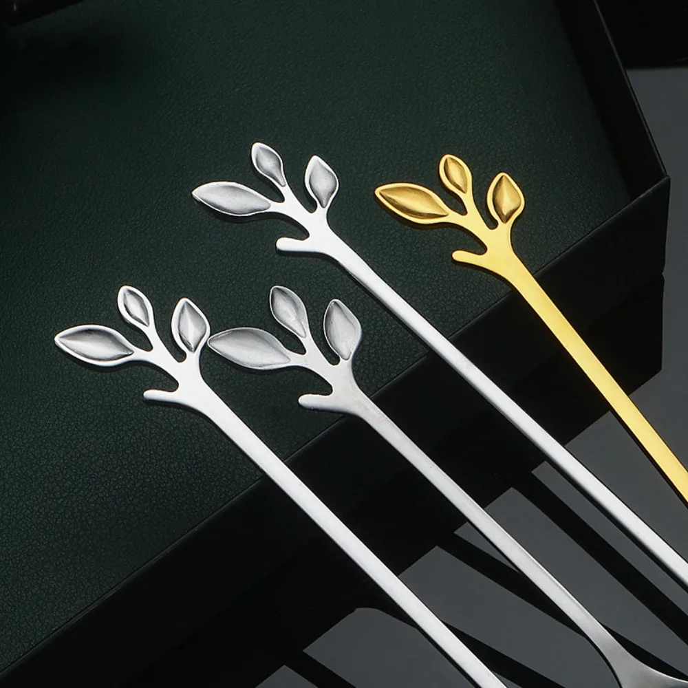 Stainless Steel Water Cup Stirring Spoons Leaf Shape Golden Silver Dessert Spoon Fork Long Handled Dinnerware