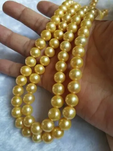 35inch AAAA 10-11mm NATURAL REAL Round South Sea Golden Pearl Necklace