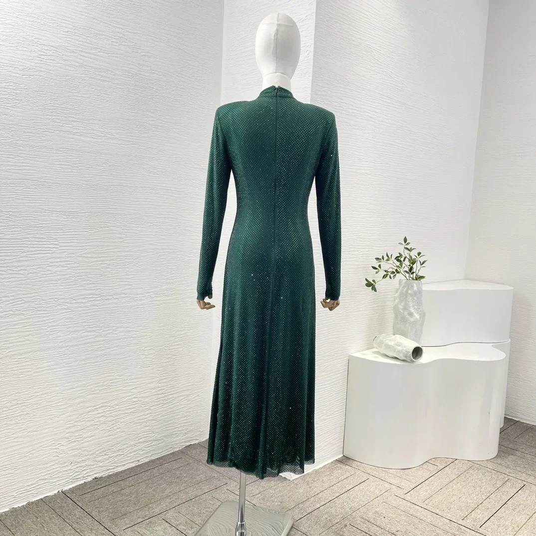 Top Quality Women's Vintage Midi Dress Dark Green Long Sleeve Stand Collar Diamonds Rhinestone Mesh Female Dresses for Party