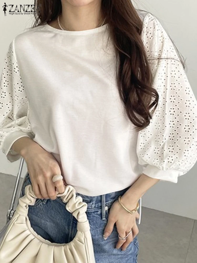 Damska elegancka koronkowa patchworkowa bluzka ZANZEA wiosenna latarnia rękaw koszula do pracy moda Casual wakacyjne topy tunika Femme luźne Blusas