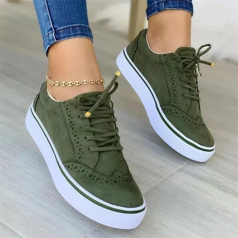 New Women\'s Low-top Vulcanized  Round Toe Casual Flat Shoes Lace-up Walking Women Versatile Comfortable