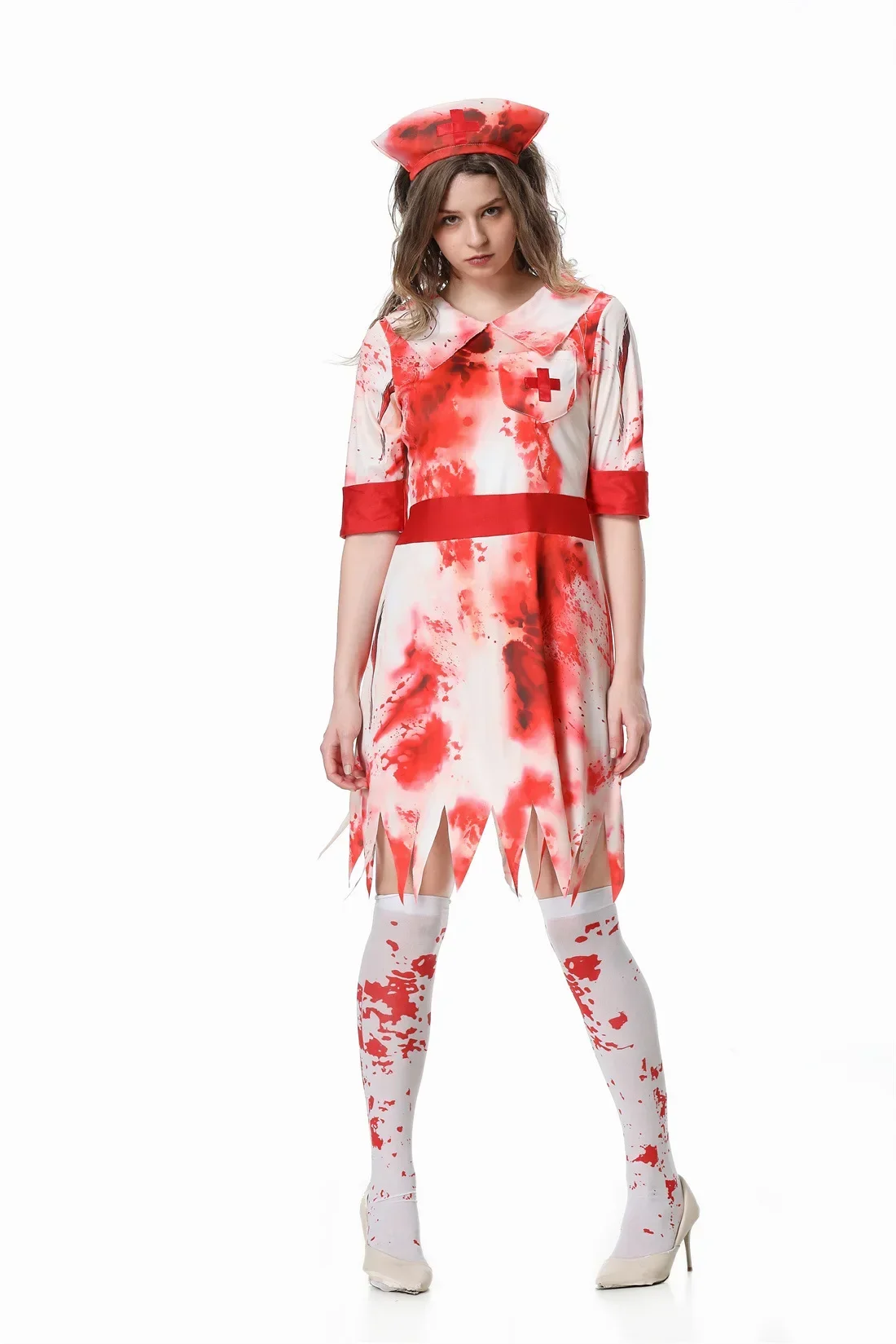 Halloween Cosplay Blutiger Zombie Krankenschwester Kleid Gruseliges Maskerade-Kostüm für Erwachsene