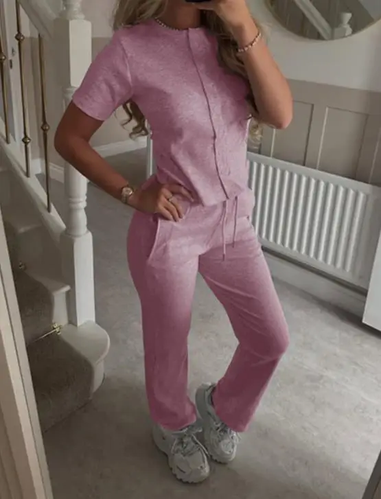 

Summer New Women's Casual Solid Color Round Neck Single Breasted Short T-Shirt and High Waisted Lace Up Straight Leg Pants Set