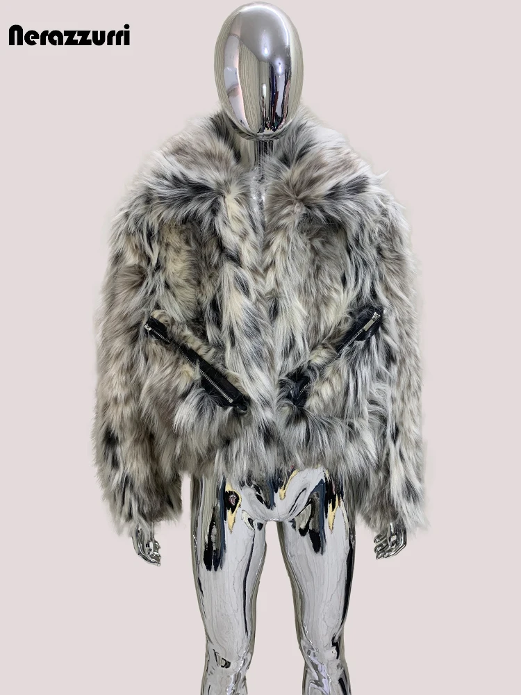 

Nerazzurri Autumn Winter Short Colorful Multicolored Thick Warm Hairy Faux Fur Coat Men Luxury Designer Streetwear Fluffy Jacket