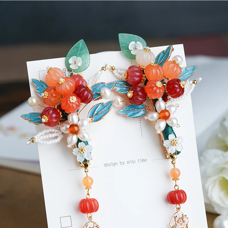 Chinese Handmade Hanfu Qipao Antique Hair Accessories Headdress Cute Gradient Pumpkin Flow Pumpkin Vine Hairpin