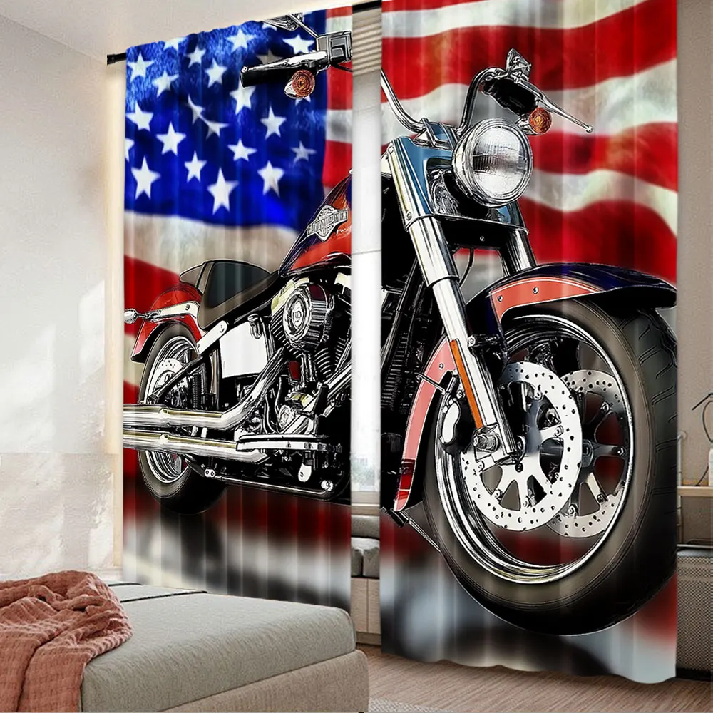 2Pcs Racing Motorcycle Curtain American Flag Motorbike Extreme Sports Motocross Rider For Bedroom Living Room Dining Room And