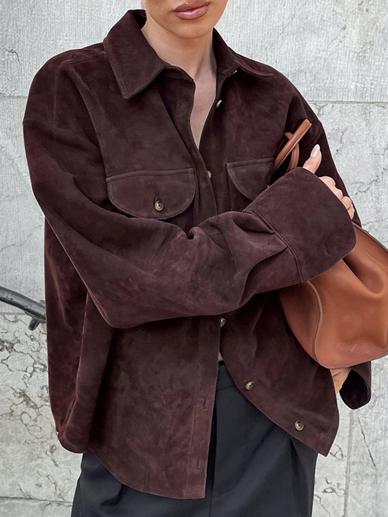 معطف نسائي كاجوال من الجلد، ملابس خارجية عصرية للشارع بدون نمط تزيين أنيق #1