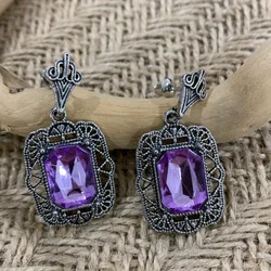 Vintage Palace Pattern Charm Amethyst Large Stone Dangle Earrings Women's Fashion Elegant Party Accessories Holiday Jewelry Gift