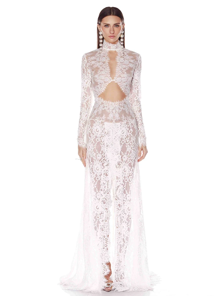 Abito lungo da donna con taglio maxi in pizzo Abito da mattina da sposa sottile con spacco alto sexy senza schienale e maniche lunghe con scollo a V profondo