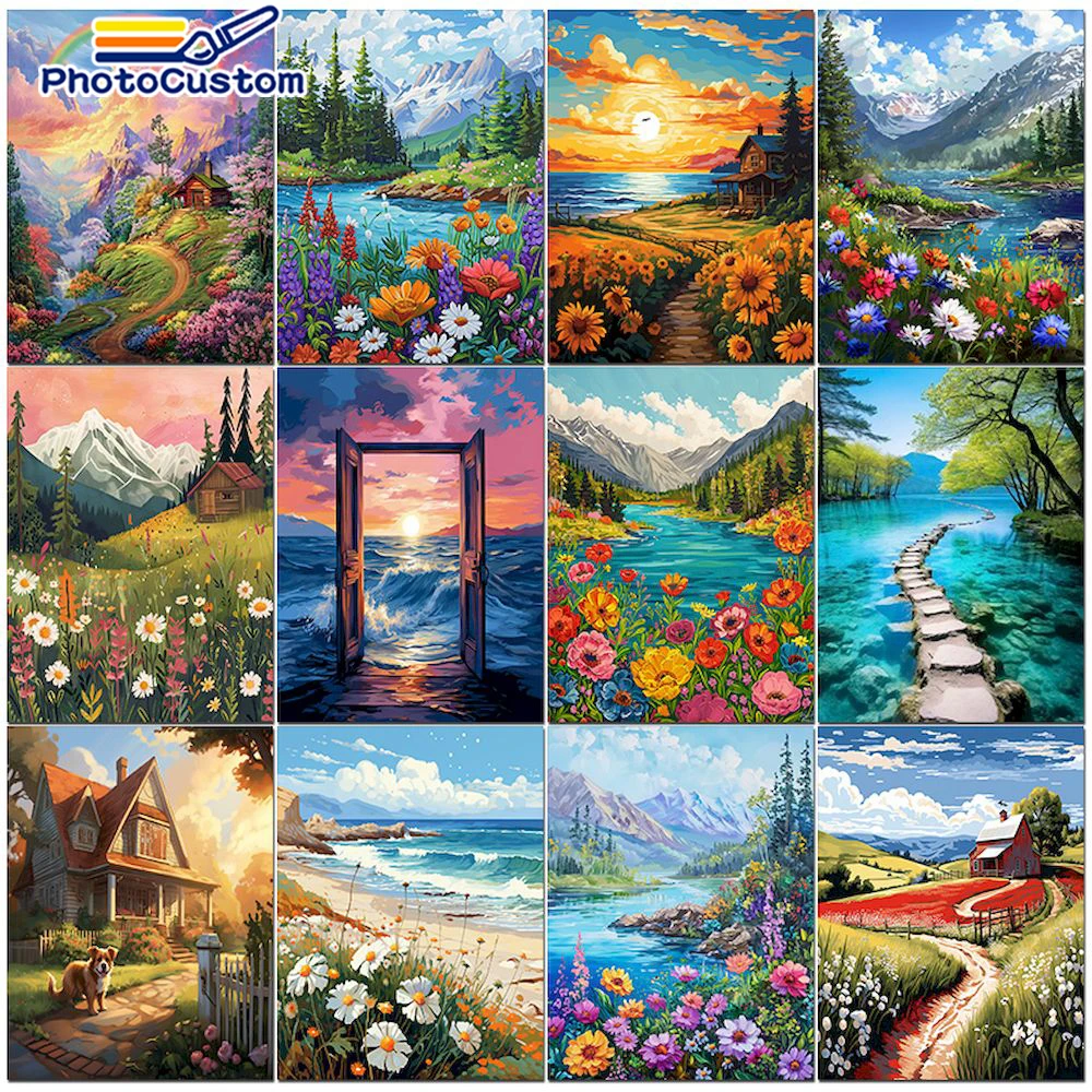 PhotoCustom Flower DIY Painting By Numbers Sunset For Adults Landscape Canvas Picture Print On Canvas For Home Wall Decoration