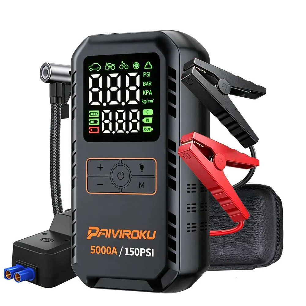 4-IN-1 Car Jump Starter with Air Compressor 5000APeak Auto Battery Booster 150PSI Air Pump Power Bank Tire Inflator