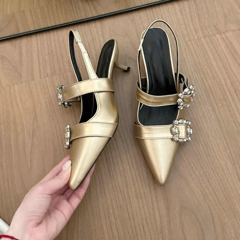 

Rhinestone Square Buckle Back Trip Stiletto Heel Mary Jane Shoes 2026 Spring Summer Temperament Sandals