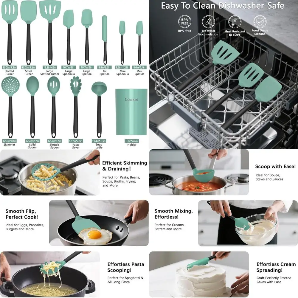 

Набор термостойких силиконовых кухонных принадлежностей с держателем - инструменты для сковороды с антипригарным покрытием, лопаточка, ложка, можно мыть в посудомоечной машине, 14 предметов, Aqua G