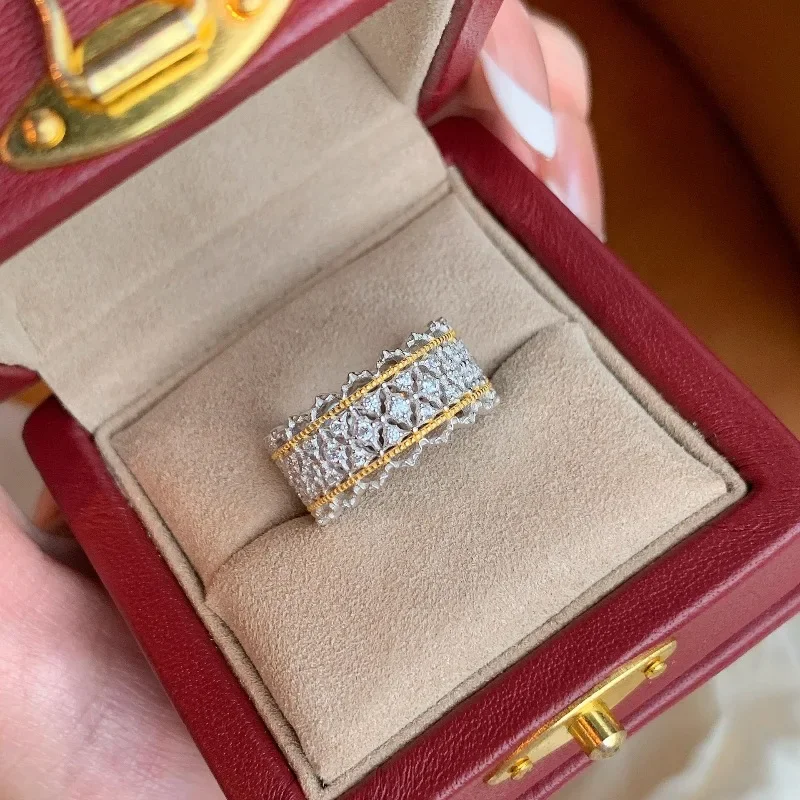 Light luxury high-end retro color separation full diamond lace rings for women palace style exquisite fashion ring jewelry gift