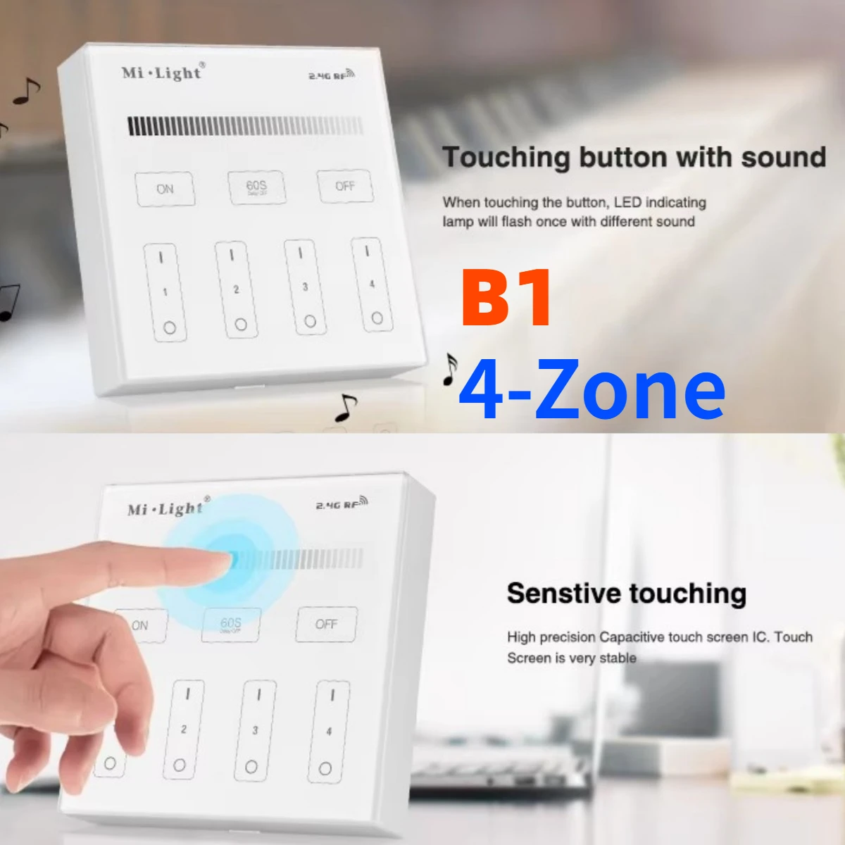 

Miboxer Smart Touch Panel 2.4G Wireless B1 4-Zone Brightness Dimmer Remote Controller Power by 3V (2*AAA Battery) Wall Mount