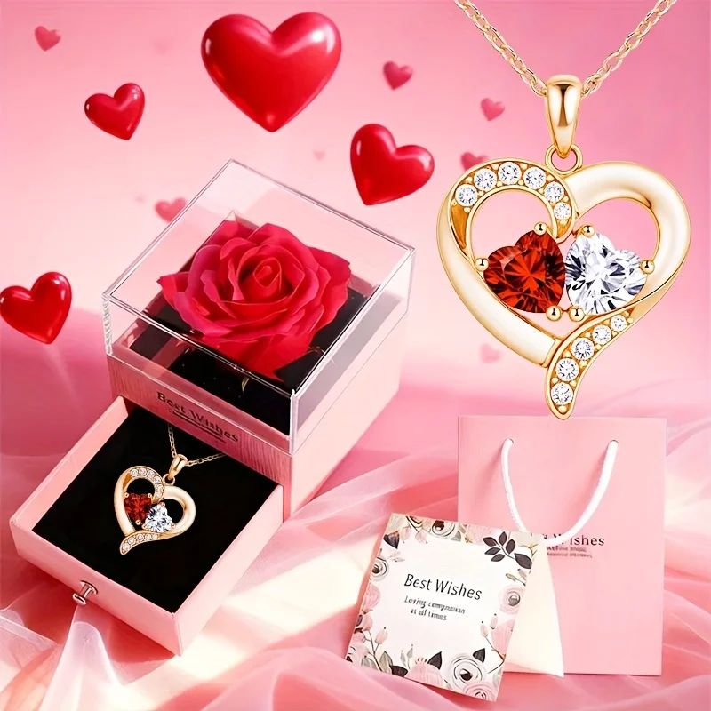Pink Romantic Valentine'S Day Necklace Gift Box with Artificial Flower, Mother'S Day Present for Mom, Birthday Party Favor
