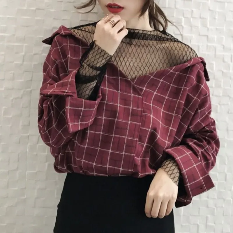 Fake Two Pieces Gauze Spliced Shirt Spring Autumn Korean Loose Female Clothing Long Sleeve Basic Casual Half High Collar Blouse