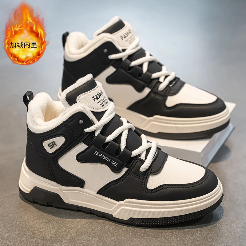 2025 Warm Fur Board Shoes for Men Plush Leather Work Shoes Mens Skateboard High Top Platform Casual Sneaker Thick Bottom Flats