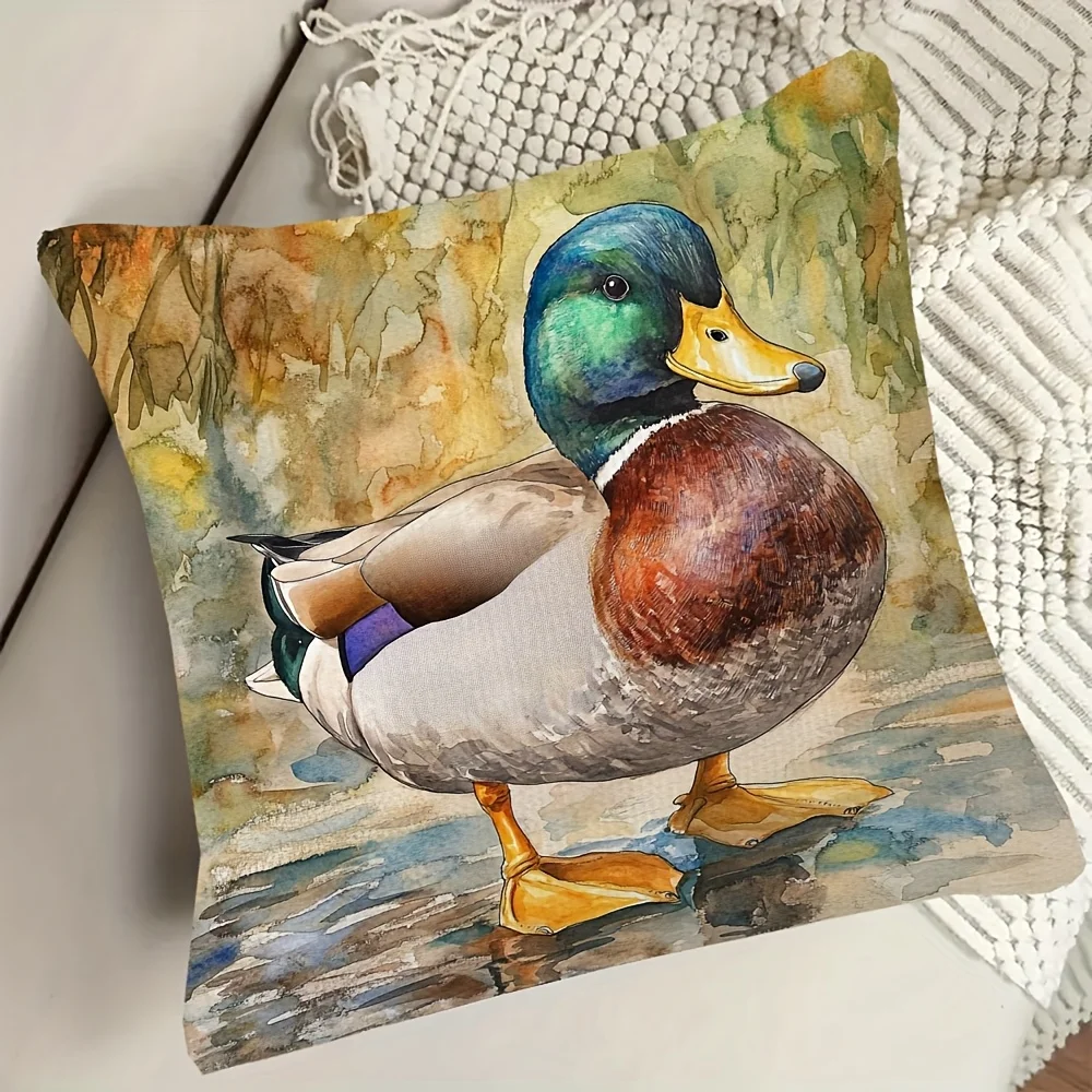 Chubby Mallard Duck Pattern Double-Sided Pillowcase, Cute Bird Illustration Cushion Cover with Zipper, Washable Decor Case