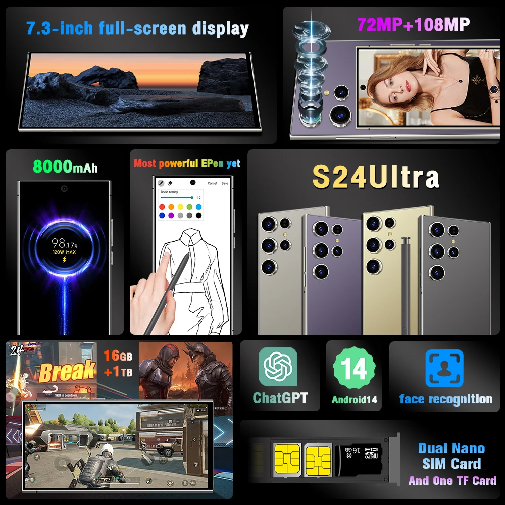 2025 New Smartphone S24Ultra Android 5G 7.3