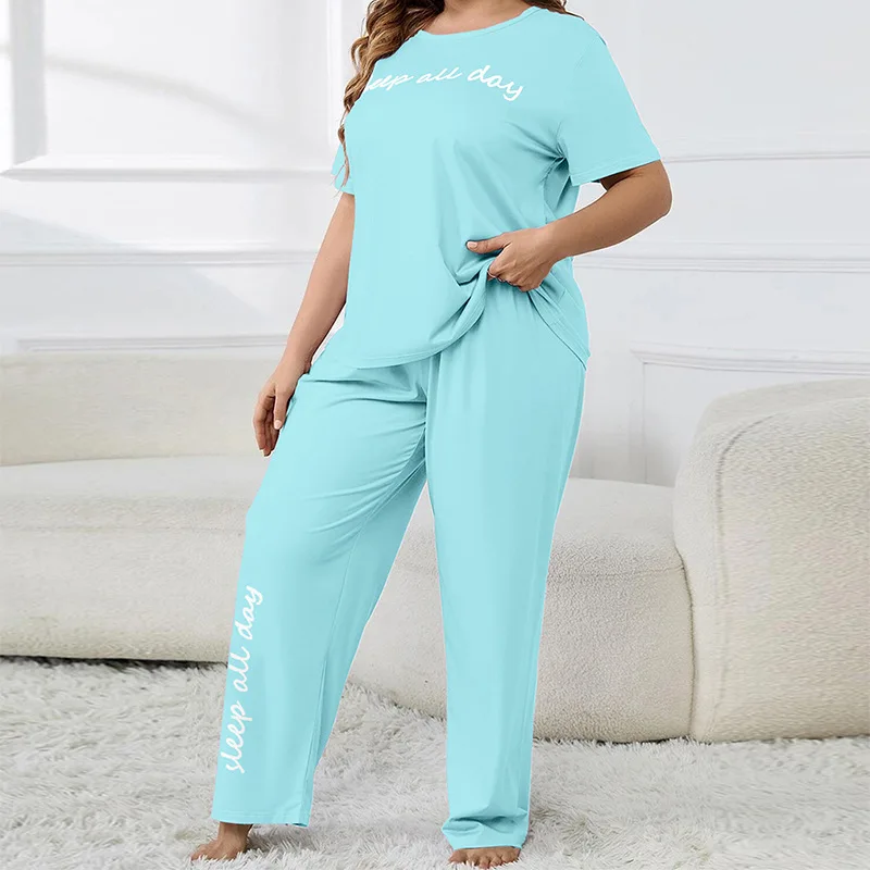 

Women's Pajama Set With Letter Printed Short Sleeved T-shirt, Long Pants, Casual Pajama Set, Pajama Without Print