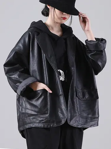 Amax luluE England Style Hooded Loose Black Leather Jacket 2021 Autumn New Women Casual Biker Coat Female Harajuku Pu Streetwear - Image 5