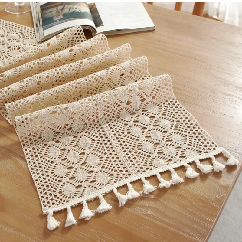 Boho Beige Table Runners Vintage Farmhouse Bohemian Crochet Macrame With Tassels Covers for Wedding Party Baby Shower Decoration
