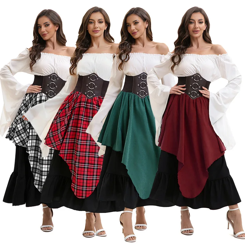 

Vintage Renaissance Shirt with Waist Belt Medieval Skirt Plaid Irregular Long Halloween Costume Woman Dress Three Piece XS-XXL