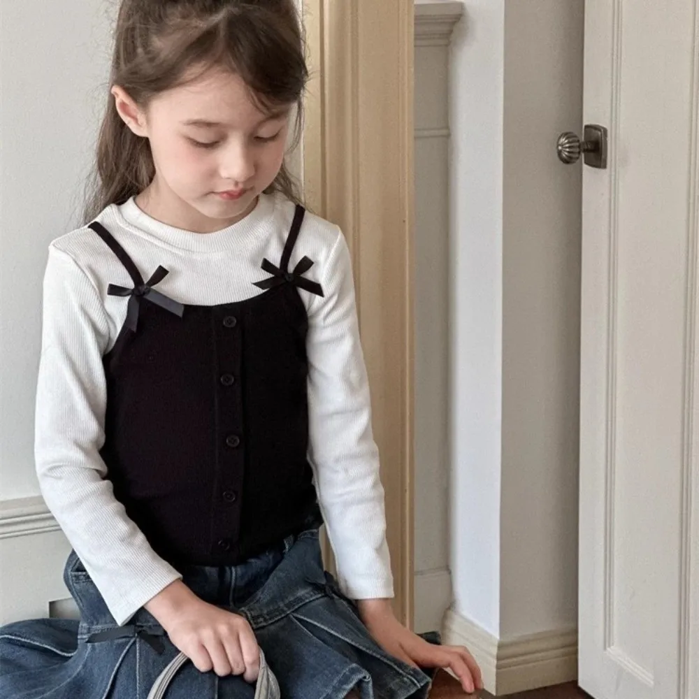 لطيف الكورية نمط كاذبة قطعتين أعلى الأميرة أنيقة طويلة الأكمام تي شيرت القوس قاعدة قميص الفتيات ارتداء