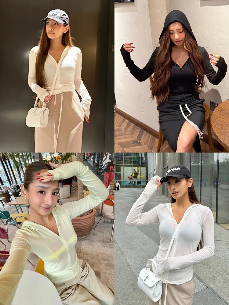 

Maruco Versatile Long Sleeve Hooded Open Cardigan Four Levels Wearable Sexy Style Women's T-shirt Outerwear Layering Tool