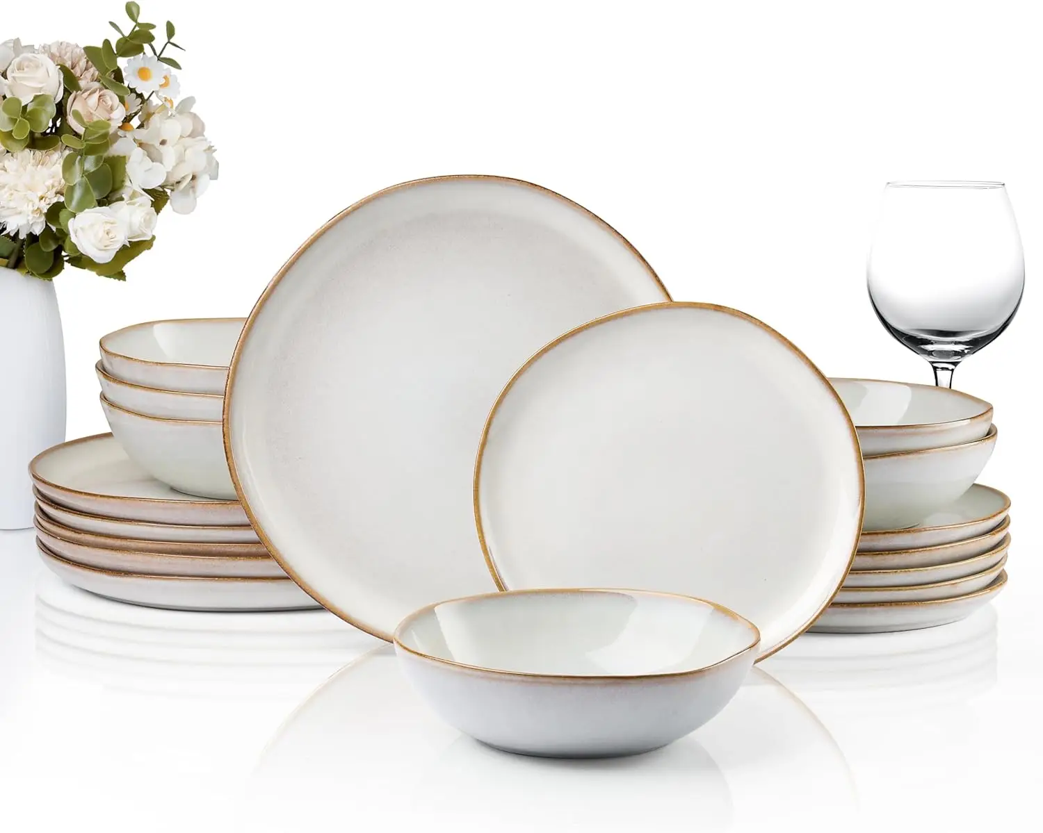 

Plates and Bowls Set, Stoneware Dinnerware Sets, 18-Piece Hand-painted Dishware for 6, Scratch Resistant Ceramic Dinner Set for