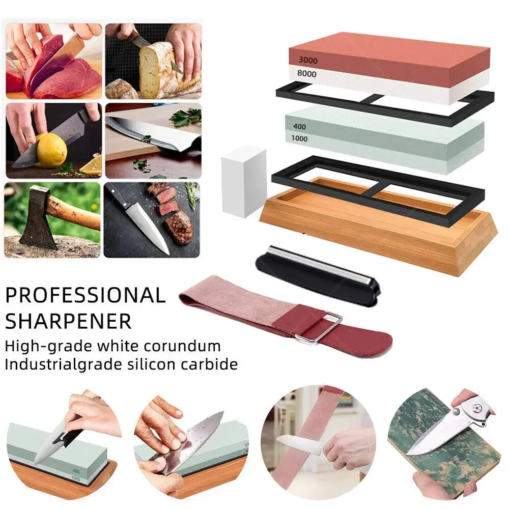 Professional Knife Sharpening Stone Kit 400/1000 3000/8000 Grit Non-slip Bamboo Base Double-side Knife Whetstone Angle guide