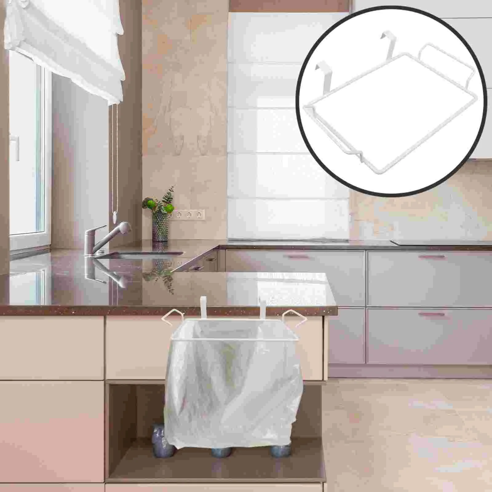 

Trash Can Bracket over Cabinet Bag Holder Garbage Hanger Towel Hooks Metal Hanging Bags Kitchen