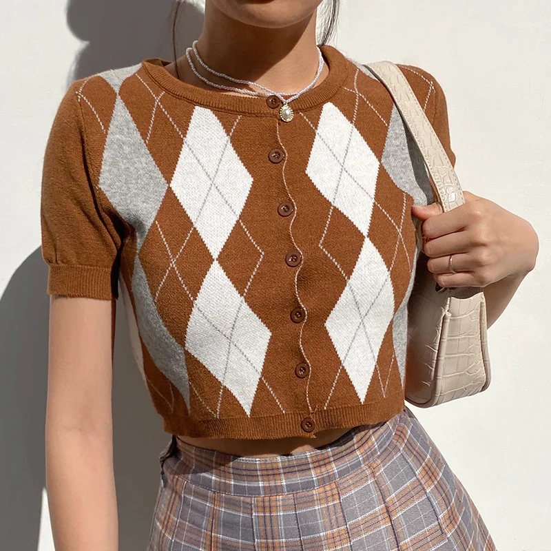 

Summer Sweaters Oversize Femme Ribbed Casual Argyle Top Fashion Harajuku Short Sleeve Crop Y2k Sweater Preppy Style Women Tops