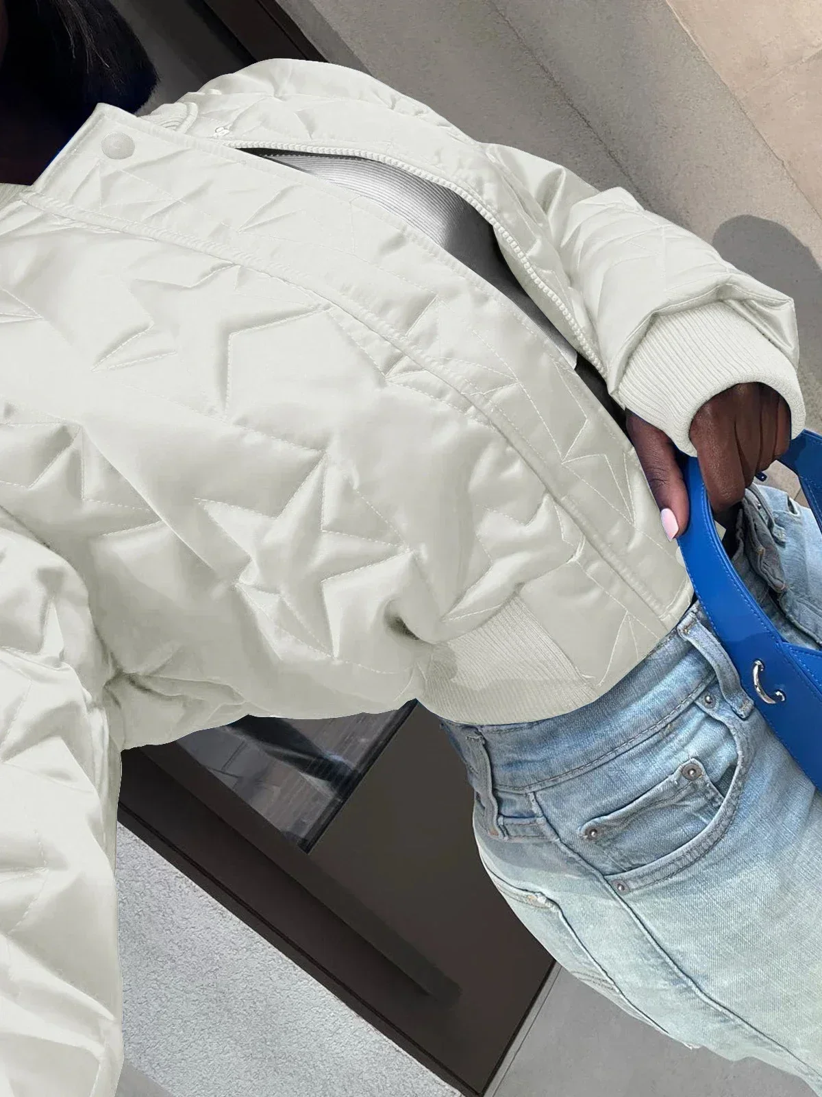 Women\'s Fashion Long Sleeve Zipper Short Quilted Coat Autumn Winter Cotton Padded Stars Bomber Jacket 2024 Girls Varsity Jacket