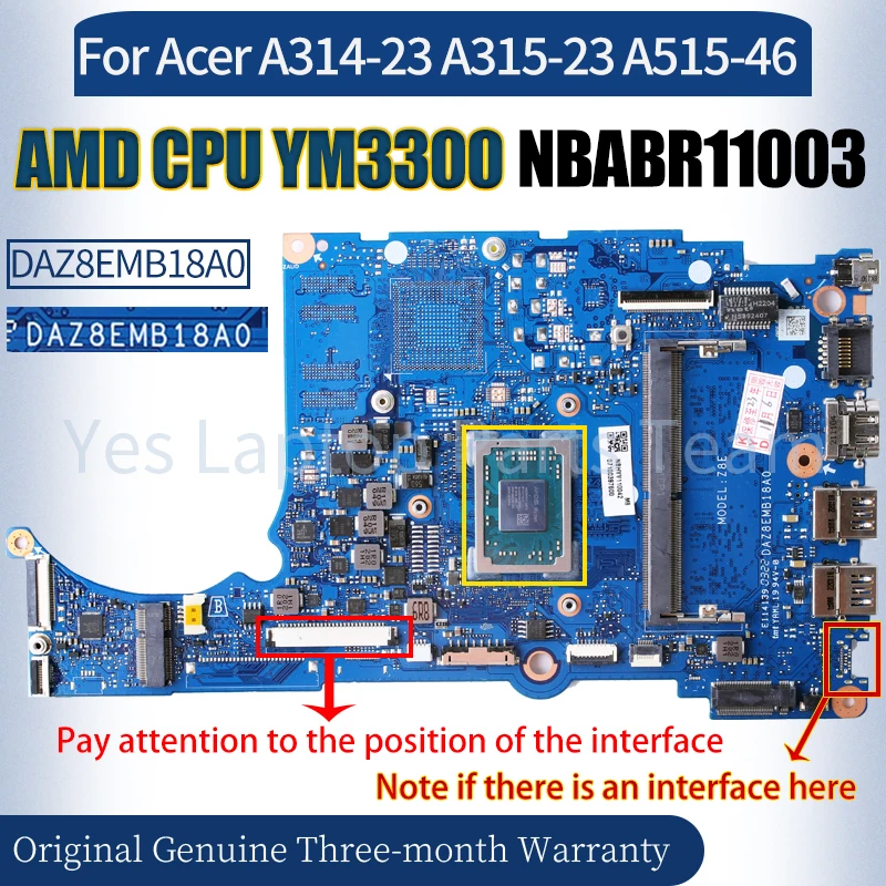 DAZ8EMB18A0 For Acer A314-23 A315-23 A515-46 Laptop Mainboard NBABR11003 AMD CPU YM3300 100% fully Tested Notebook Motherboard