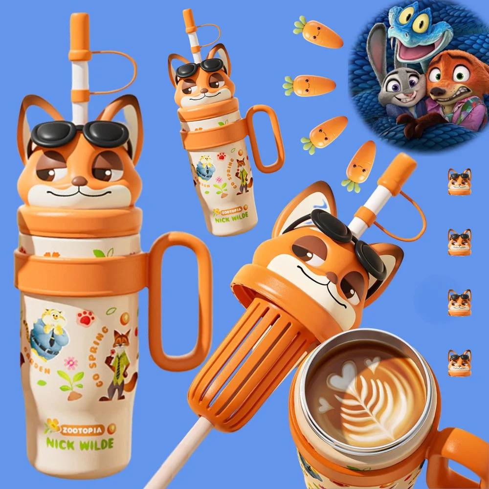 

Disney Zootopia2 Judy Nick Thermos Cups Large Capacity Cube Double Drinking Straw Water Cups For Kids Student Couple Girls Boys