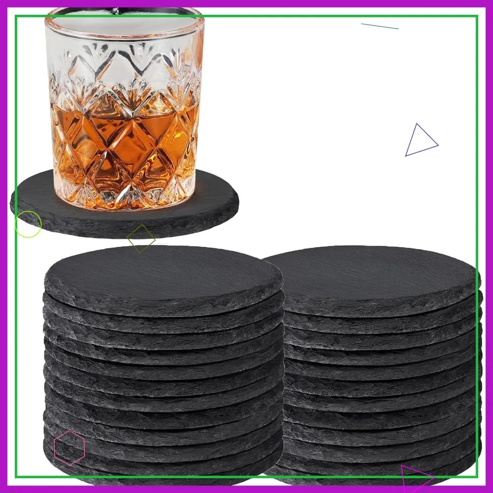 

24 PCS Black Rustic Stone Coasters, 4 Inch Round with Anti-Scratch Backing for Engraving, Wedding Gifts Home Decor