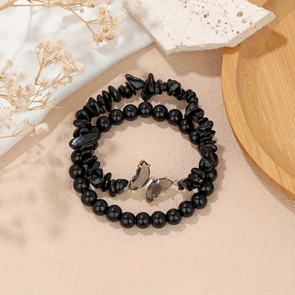 2pc Set Romantic Amethyst Obsidian Quartz Beaded Butterfly Bracelet Women Stretch Bangles Positive Energy Daily Commute