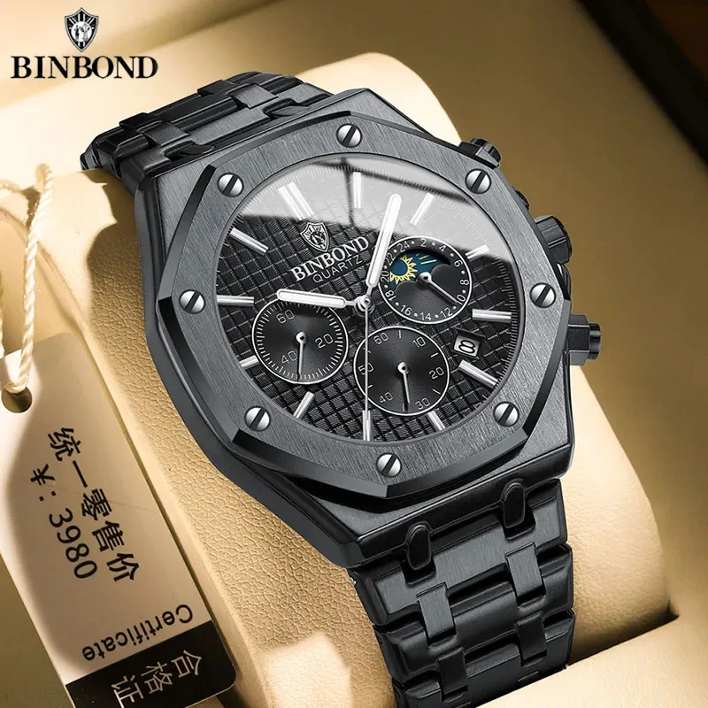 BINBOND Quality Men Watch Luxury High Man Quartz Wristwatch Waterproof Luminous Date Stainless Steel Men\'s Watches Casual Clock