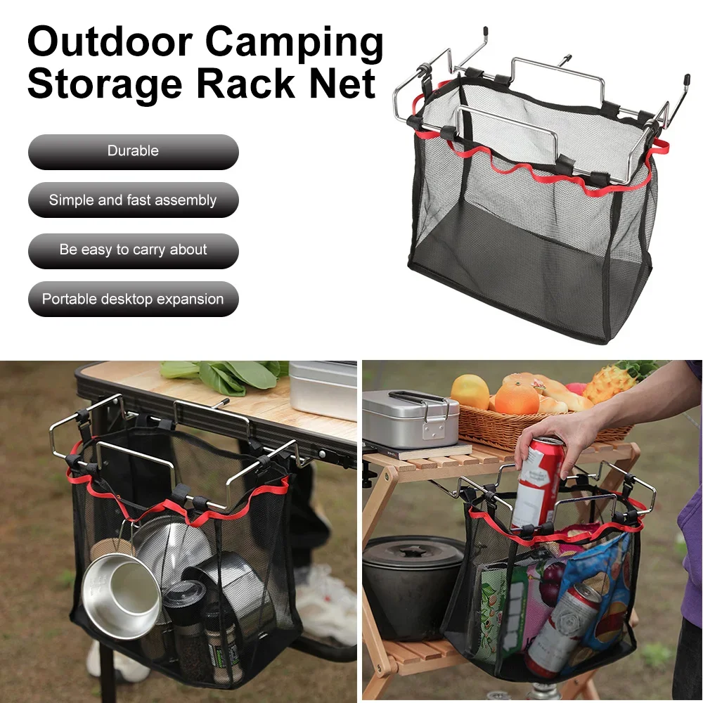 

Outdoor Camping Storage Rack Table Kitchen Storage Mesh Bag Picnic Storage Rack Barbecue Tools Foldable Camping Storage Mesh