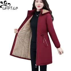 UHYTGF 2022 Parkas Jackets Womens Hooded Windproof Autumn Winter Cotton Coats Female Plush Thicken Cold Proof Warm Overcoat 1958