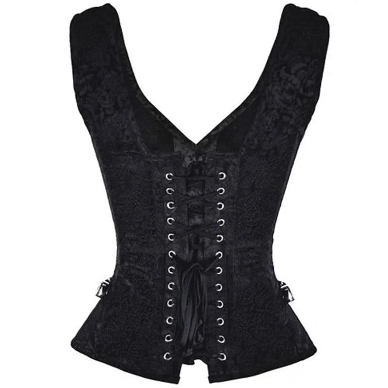 Top Shoulder Strap Black Buckled Waist Trainer Vest Corset Overbus Women Steampunk