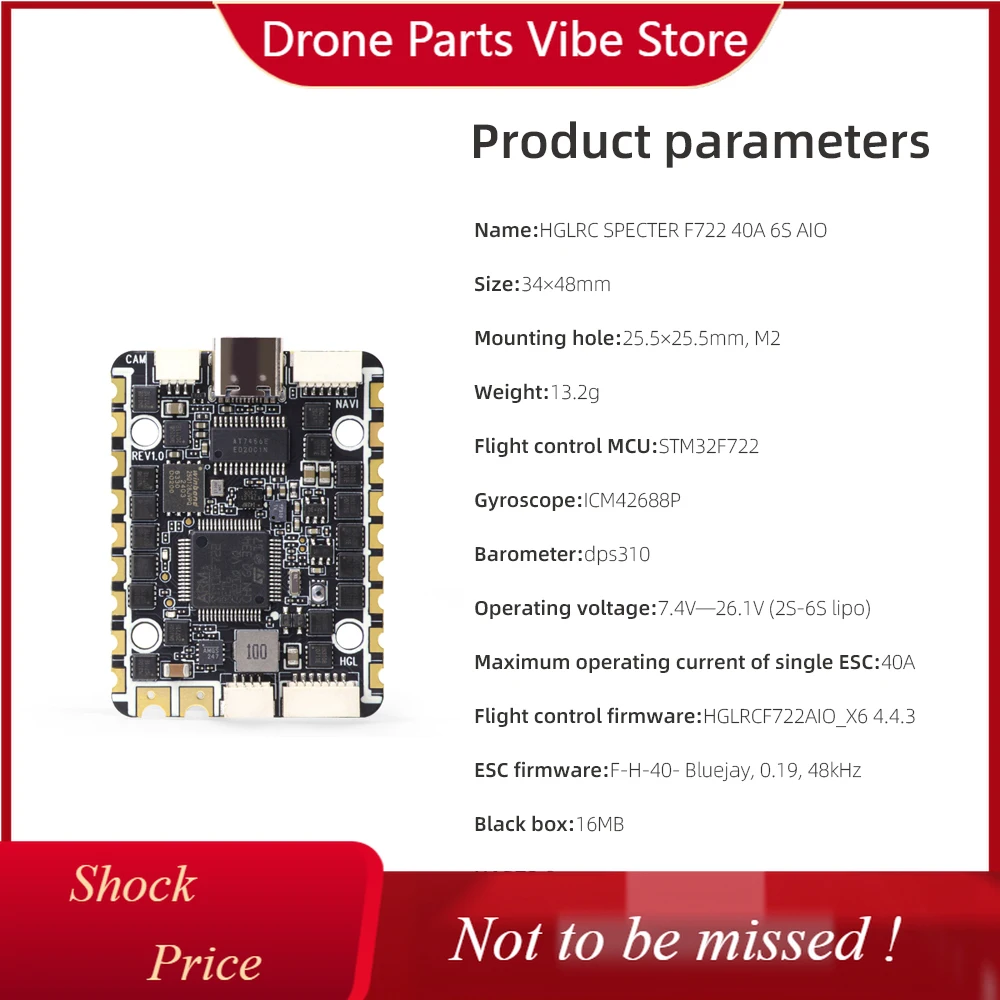 

DP HGLRC SPECTER F722 40A 6 Channel AIO Flight Controller 2-6S for Rekon Y6 Six-axis and Other Mixed Control Types FPV Drone