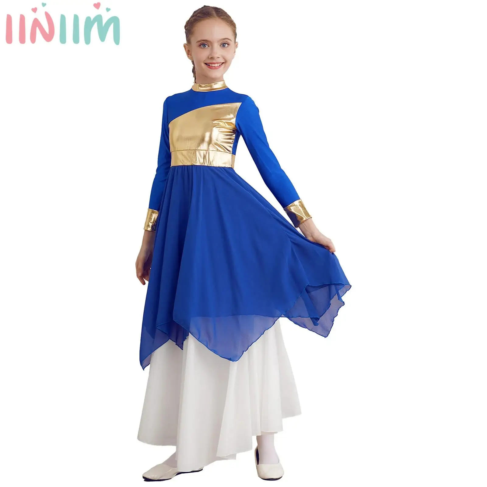 Kids Girls Long Sleeves Liturgical Praise Lyrical Dance Dress Christian Church Worship Performance Costumes Maxi Long Dress