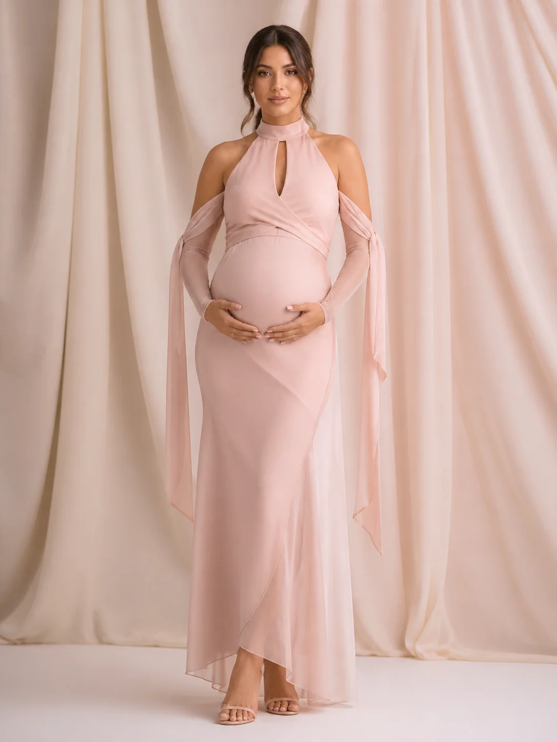 Blush Pink Halter Maternity Baby Shower Dress Maternity Maxi Dress ZX021 view 6