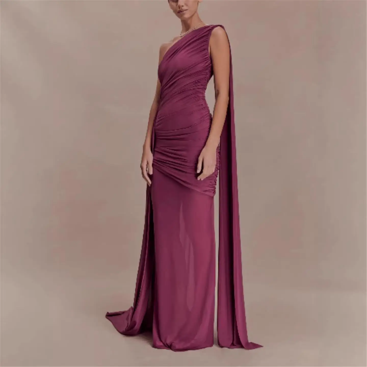 Cross-Border Women's New Style Mesh Splice Oblique Shoulder Shawl Slim Party Dress Evening Gown High Waist Ball Gown